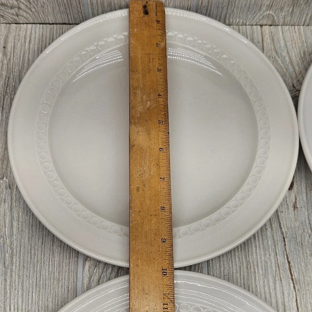 Shenango China White Cream Dinner Plates Set of 4 Embossed Circle Dot Rim